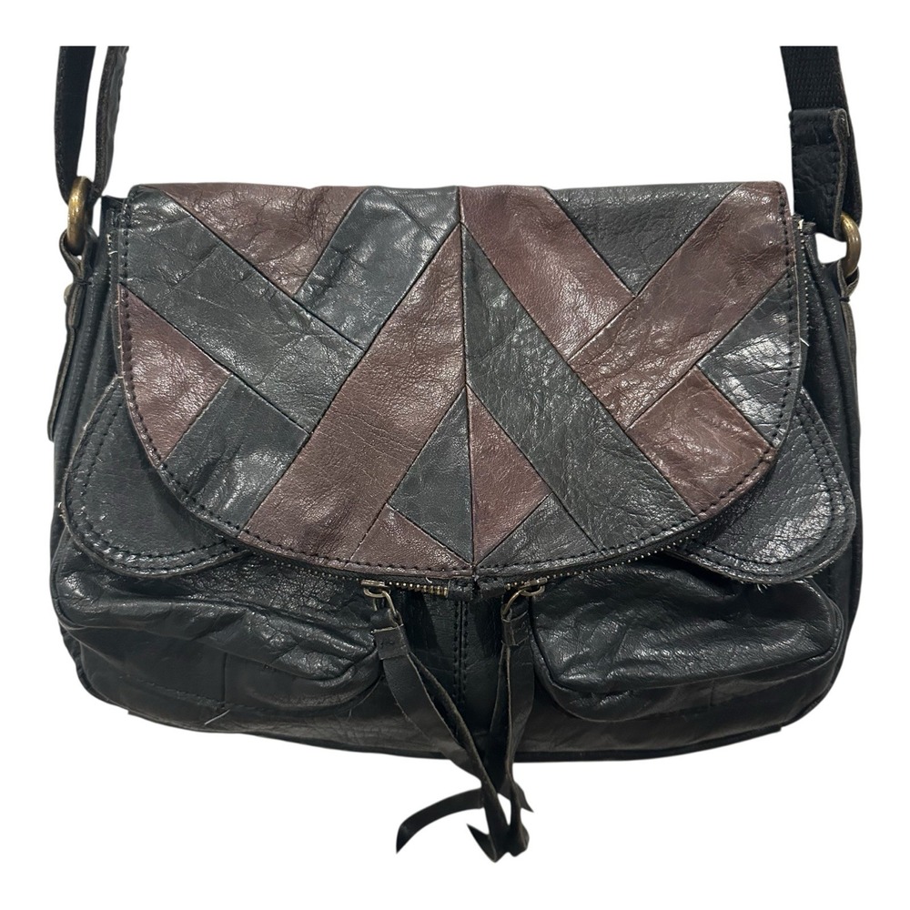 LUCKY BRAND Black Brown Patchwork Large Flap Zippers Leather Crossbody Bag VTG